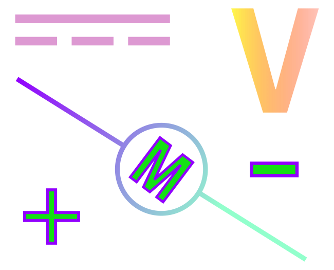 image with DC power, volts, +, -, and motor symbols