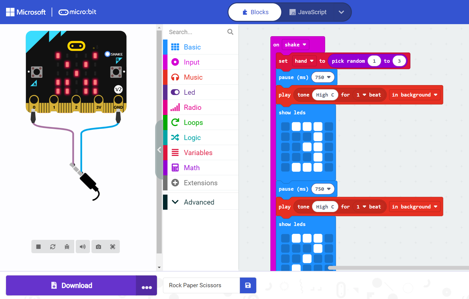 image of the Microsoft MakeCode software with code blocks for rock, paper, scissors showing