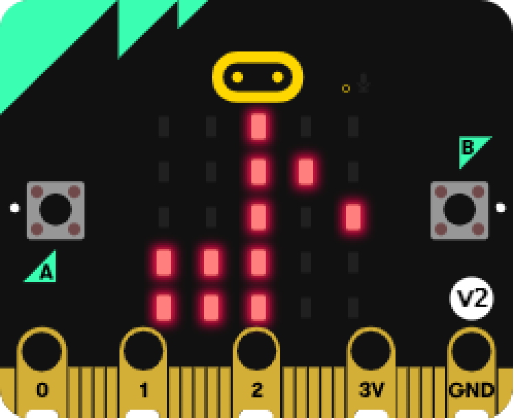 image of a microcontroller with LEDs illuminated to look like a music note